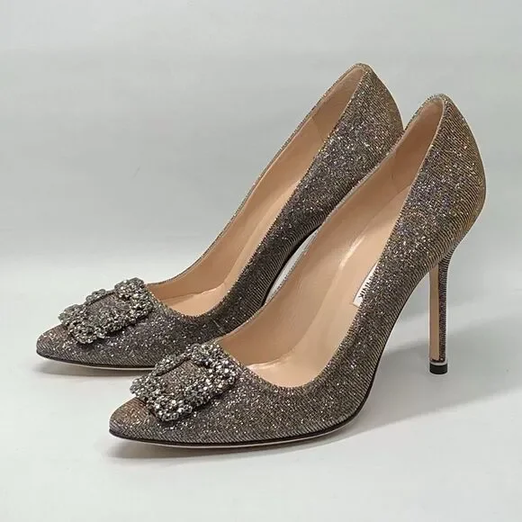 Manolo Blahnik Hangisi 105 Embellished Shimmer Pumps size 39.5 - Picture 1 of 14